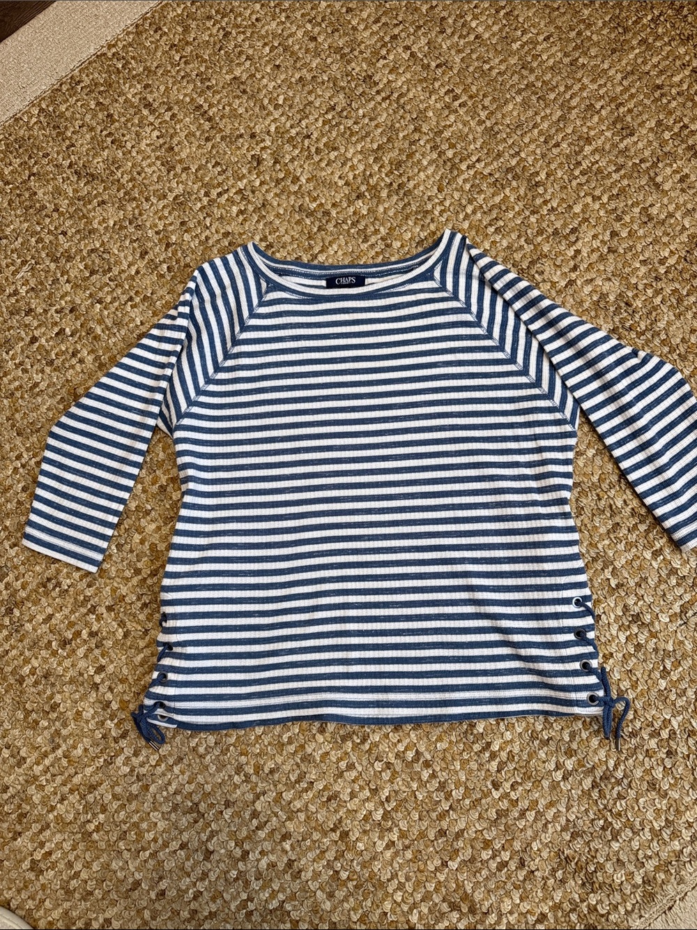 Chaps Blue and White Striped Lace-Up Boatneck Top